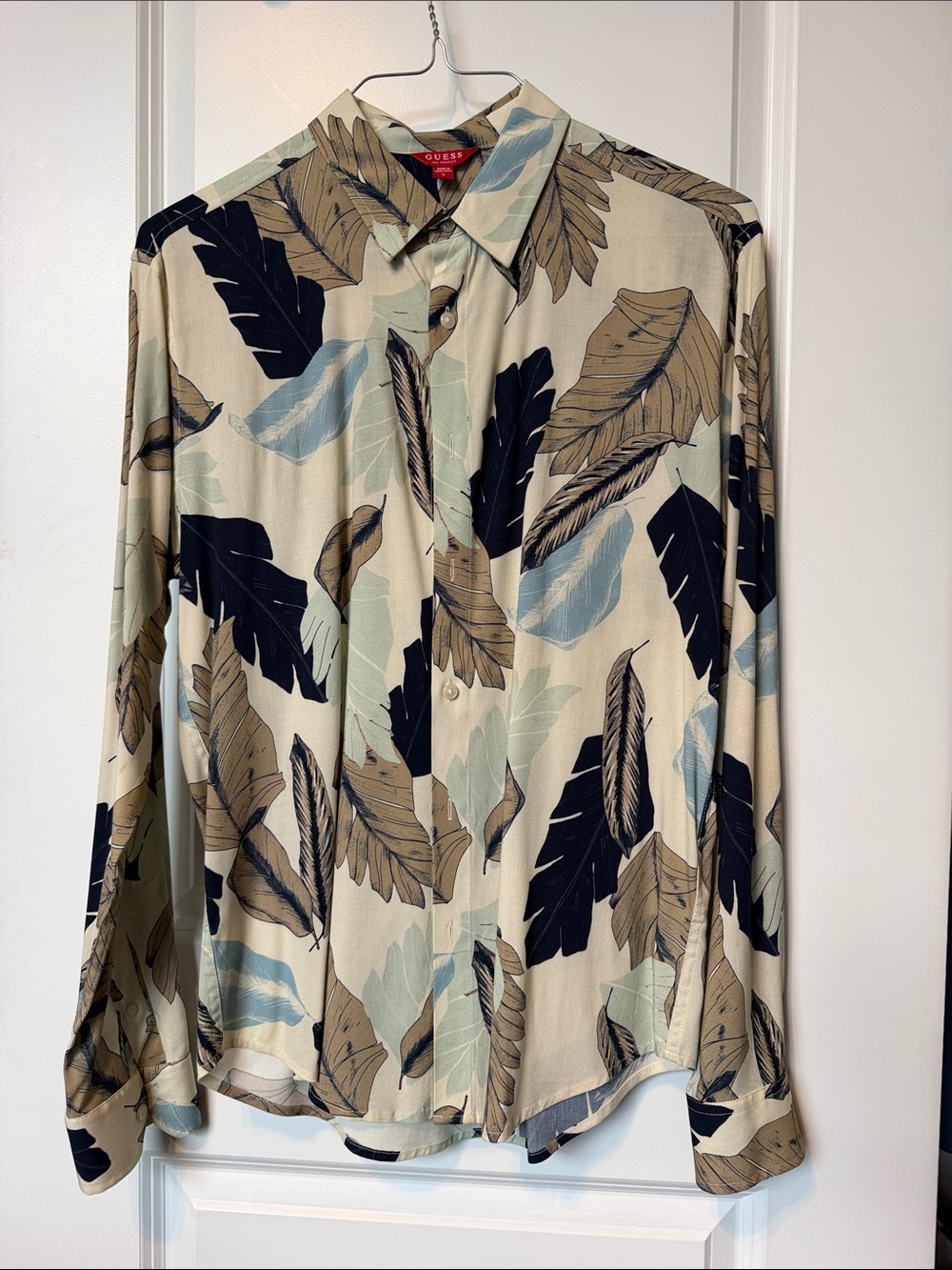 Guess Men's Beige Button-Down Shirt with Black, Brown and Pale Blue Leaf Print